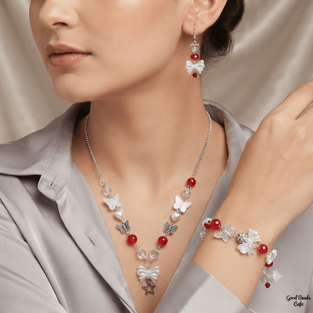Woman wearing a handmade red and white butterfly beaded necklace, matching bracelet and dangling bow earrings with a light outfit.