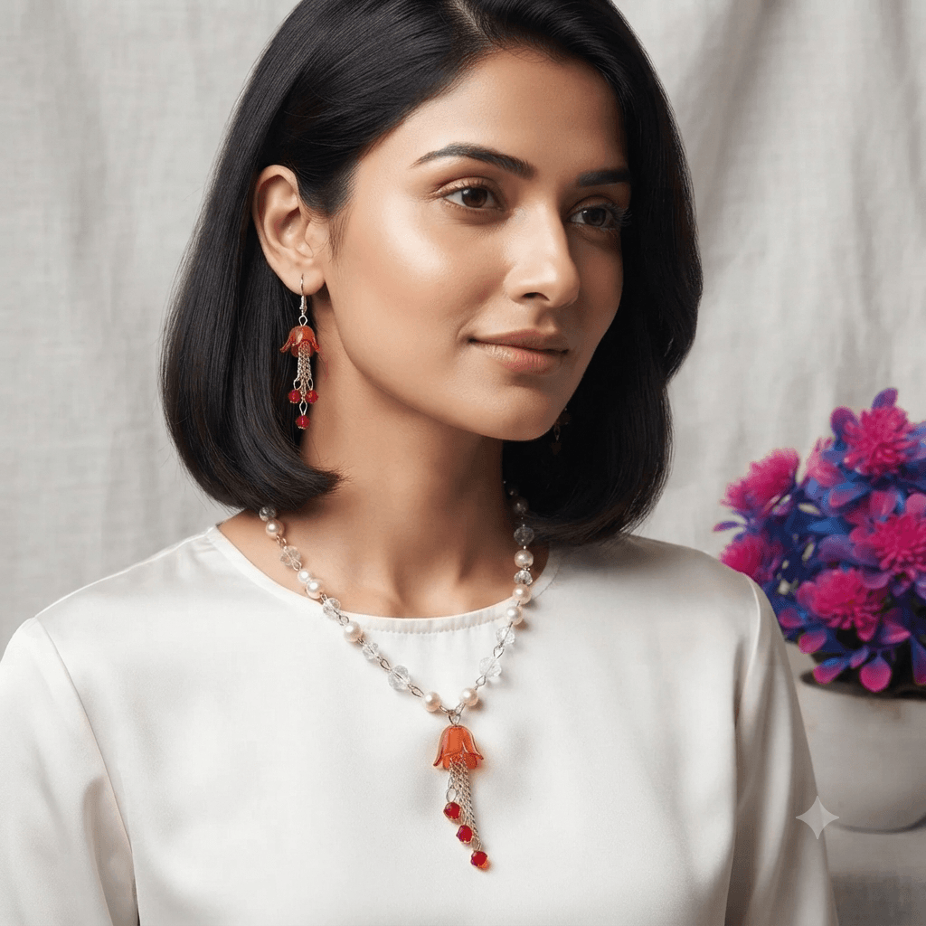 Woman wearing a handmade red floral necklace and matching dangling earrings with white and clear beads.