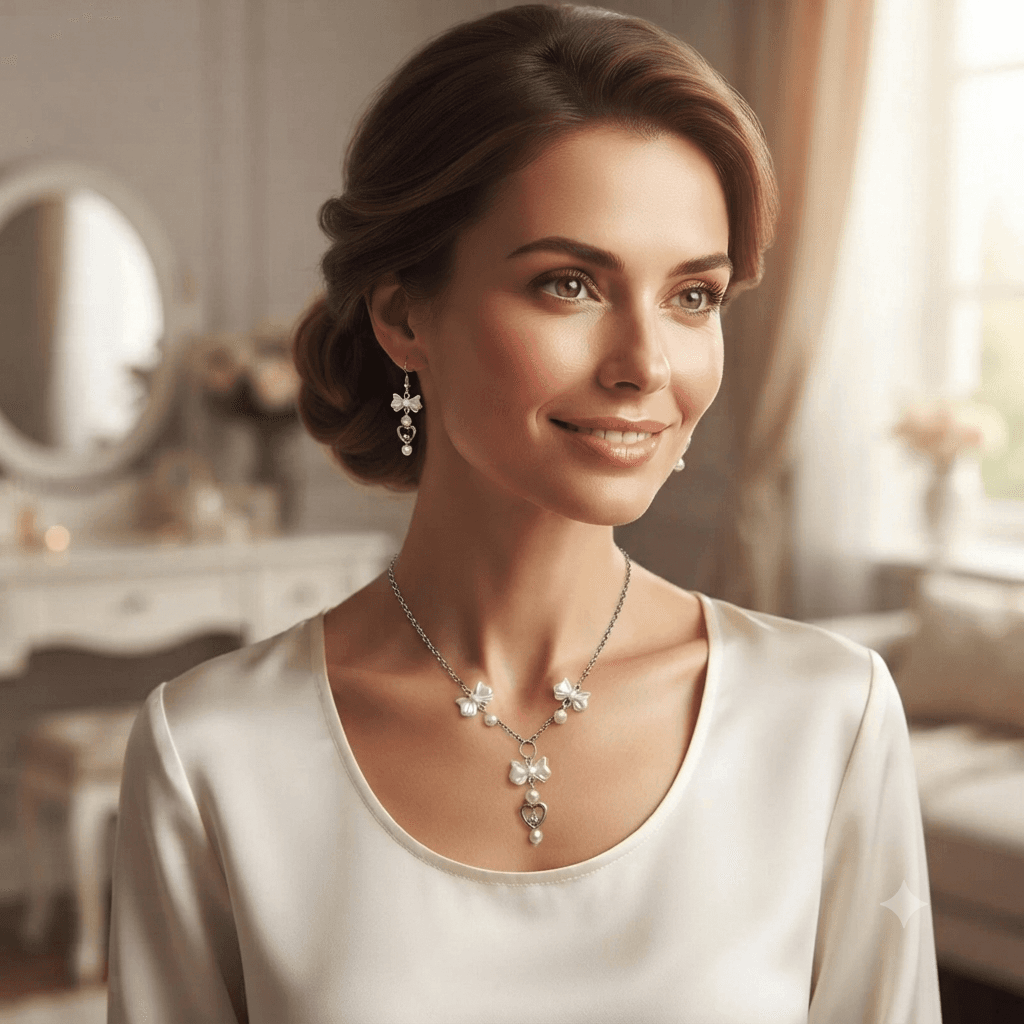 Person wearing a delicate white butterfly-inspired necklace and matching drop earrings with pearl-look and heart details over a white outfit.