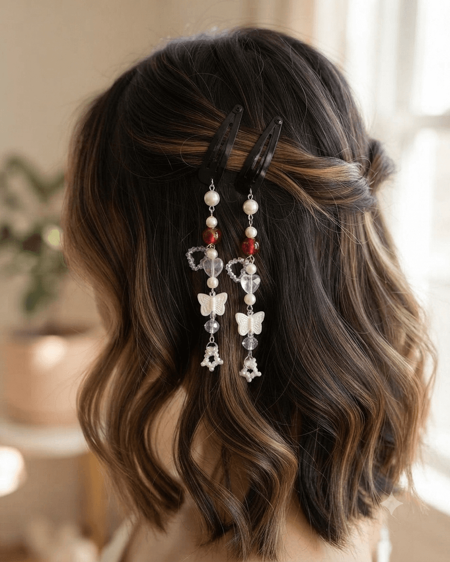 Woman wearing matching black hair clips with red beads, white beads, clear hearts and butterfly dangles in her hair.