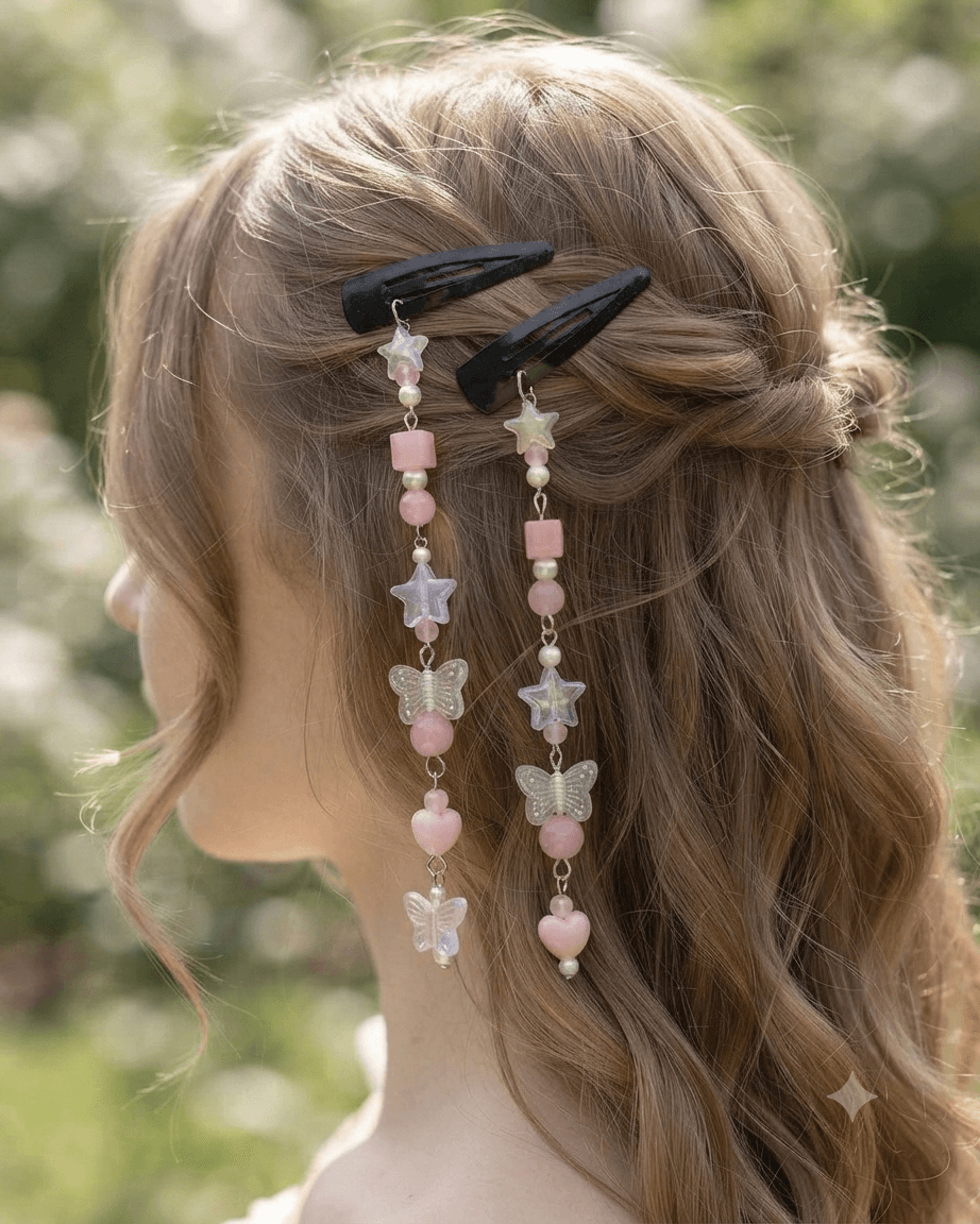 Woman wearing matching pastel pink butterfly and star beaded hair clips with long cascading dangles in her hair.