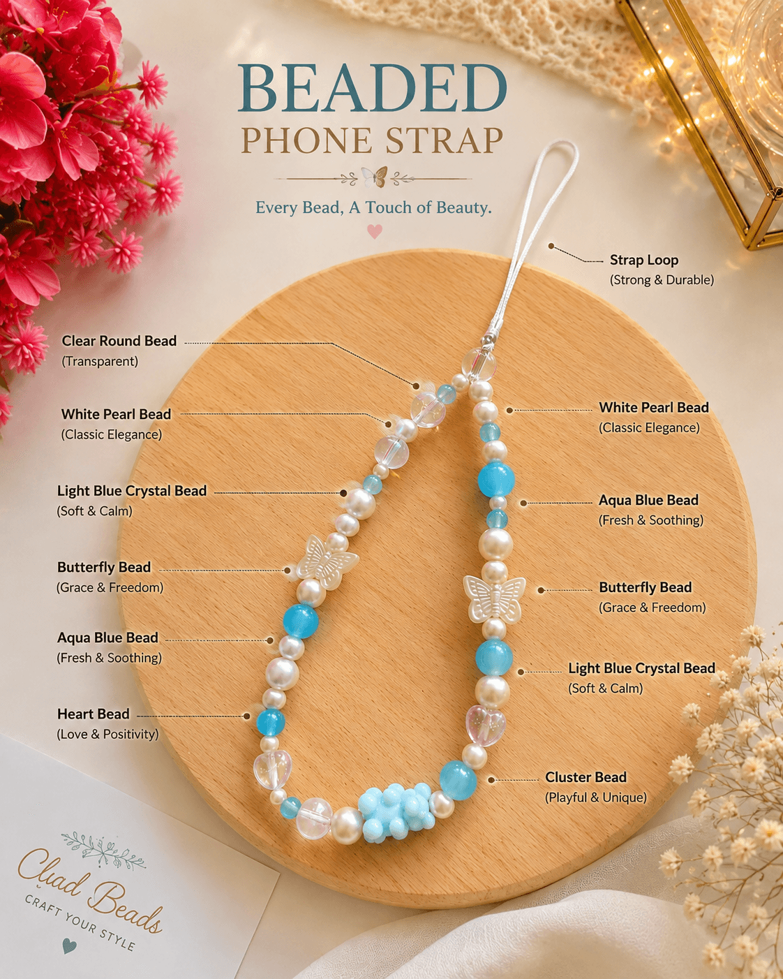 Aqua blue and white handmade phone strap with butterfly, heart, clear, pearl-look and clustered blue bead details shown in a product information graphic.