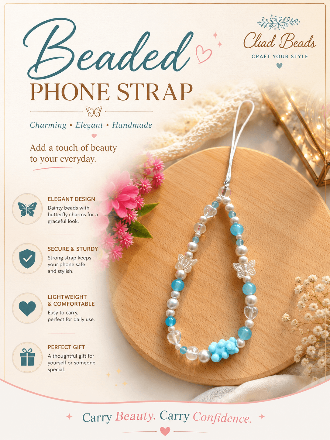 Handmade aqua blue beaded phone strap displayed on a wooden board with white butterfly beads, blue accents and pearl-look beads.