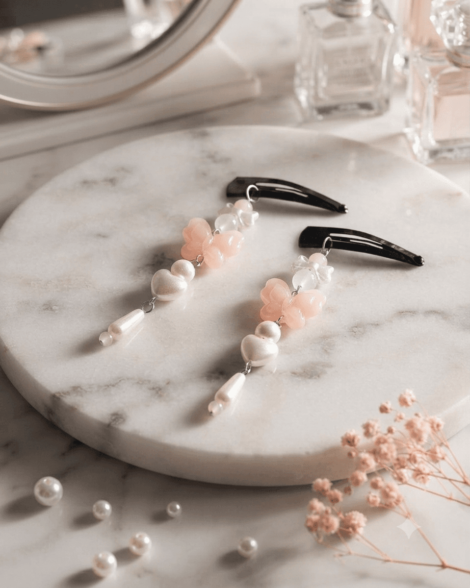 Pair of black hair clips with blush pink, white and translucent dangling beads displayed on a white marble-style surface.