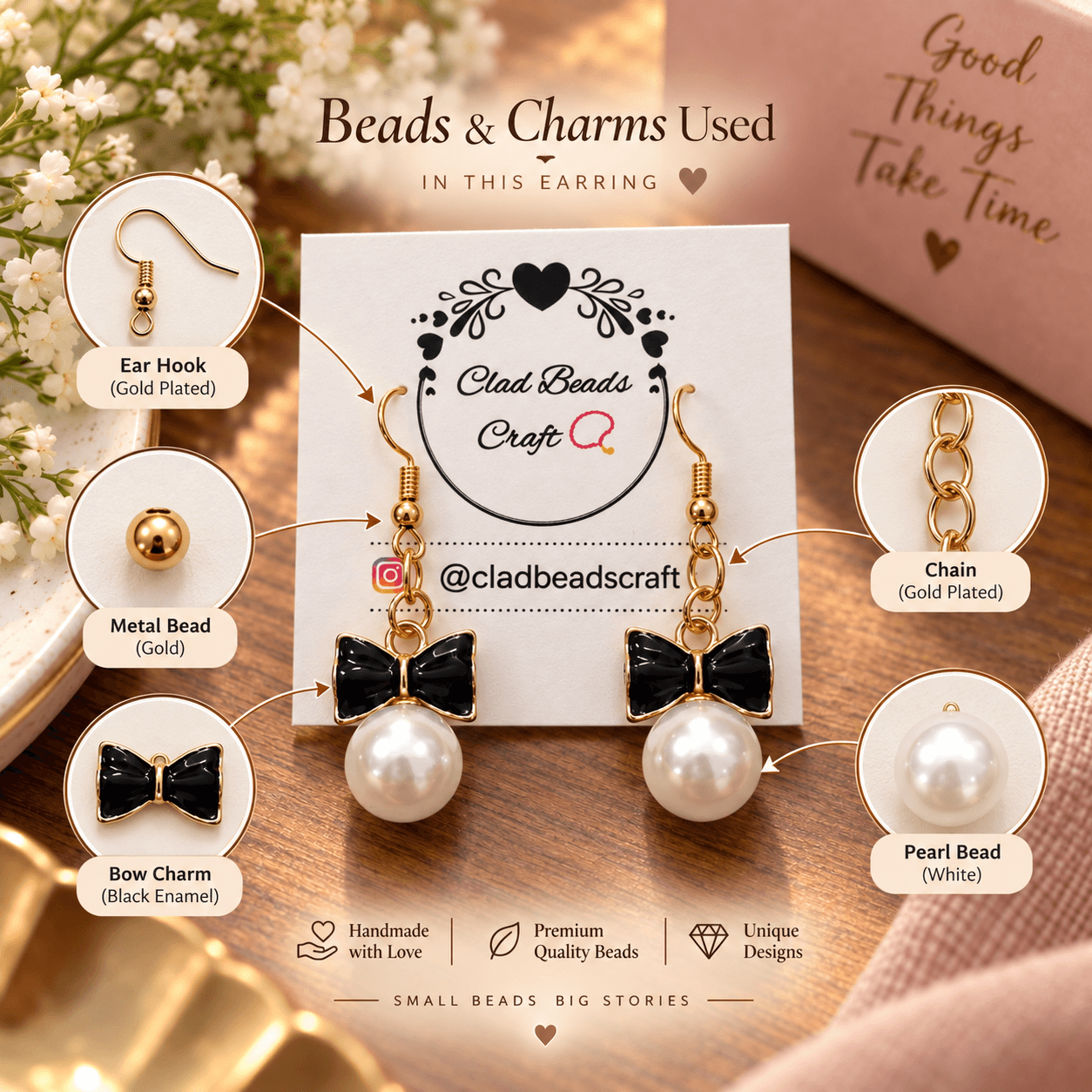 Black bow pearl-look earrings with labelled gold-plated ear hook, gold-toned metal bead, gold-plated chain, black enamel bow charm and white pearl bead.