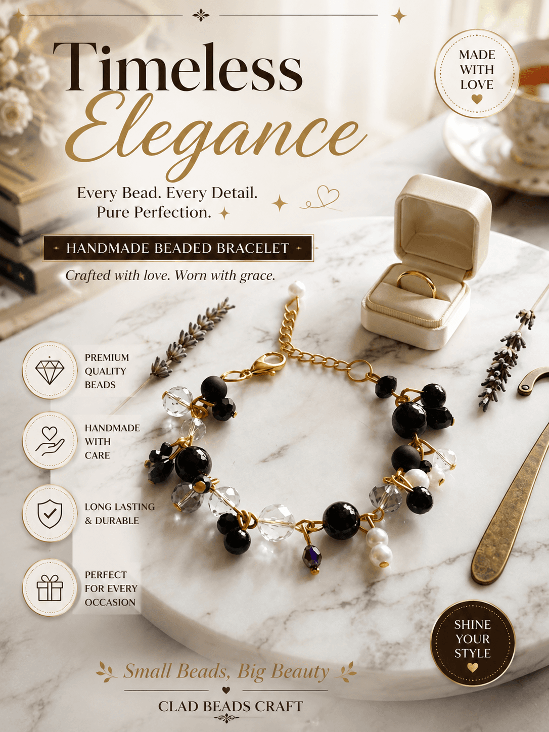 Black and gold-tone beaded chain bracelet displayed with clear, white, purple and black decorative beads.