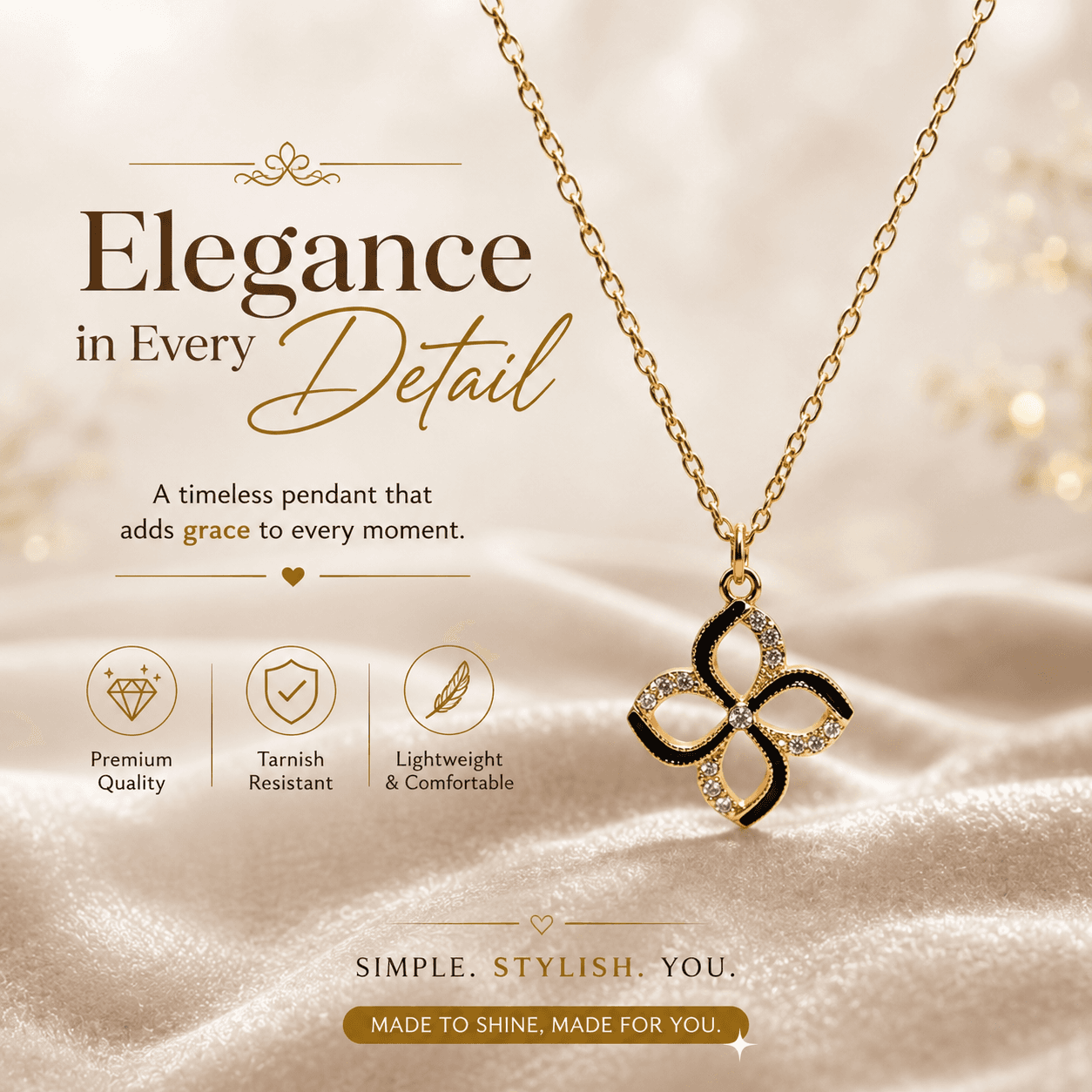 Black flower pendant necklace with gold-tone chain and clear decorative accents shown in a premium product presentation.