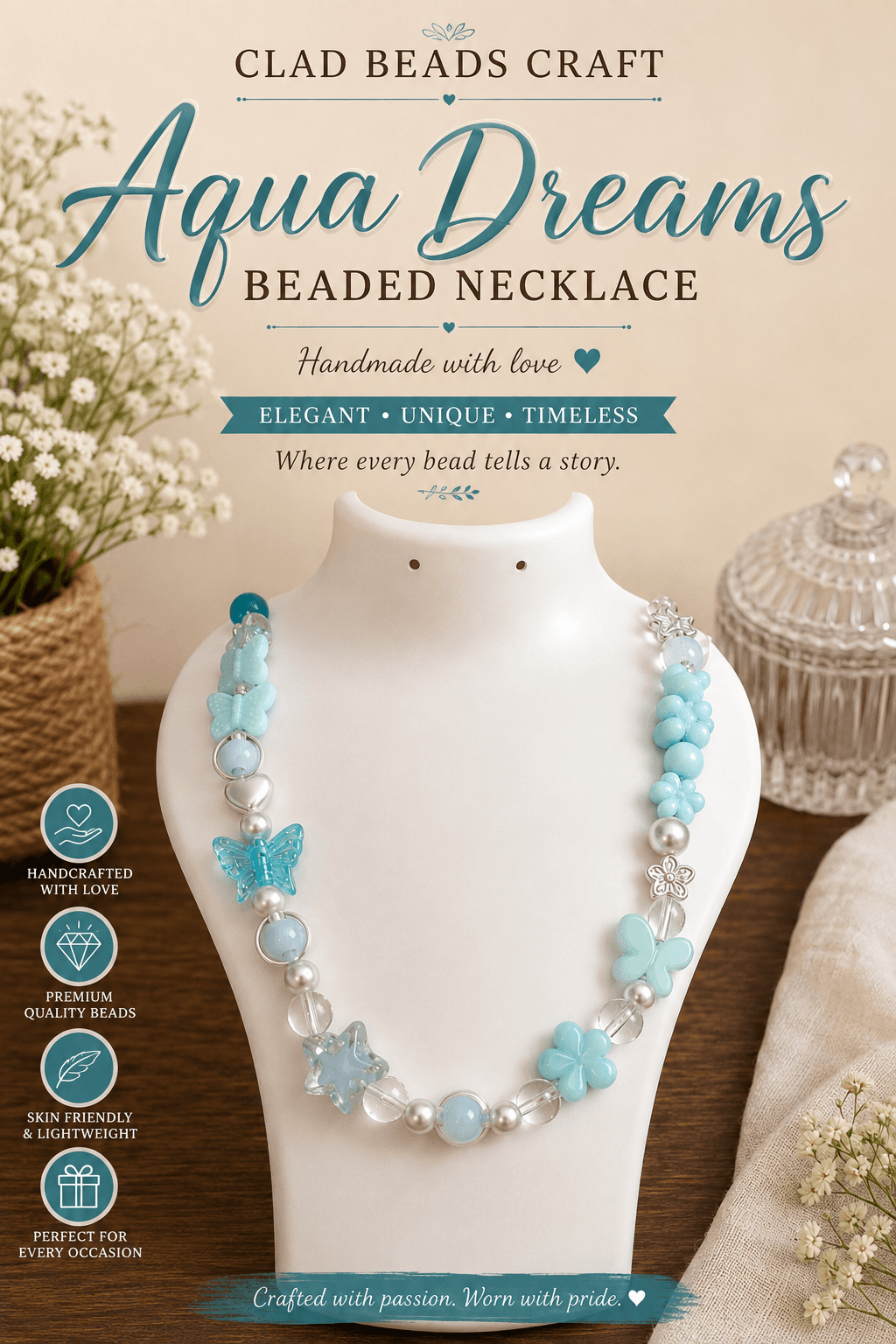 Aqua Dreams handmade beaded necklace displayed on a white jewellery bust with butterfly and flower details.