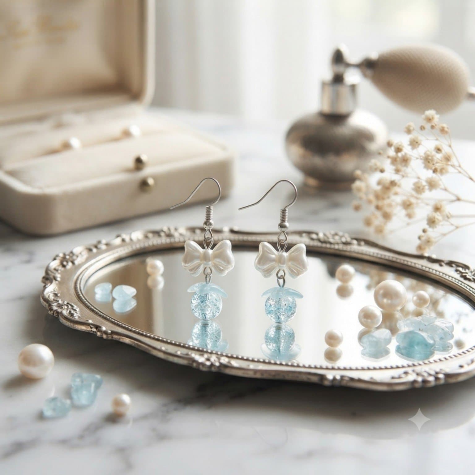Pair of handmade blue bow dangle earrings with white bow beads, light-blue flower accents and textured crackle-finish glass beads displayed on a mirrored tray.
