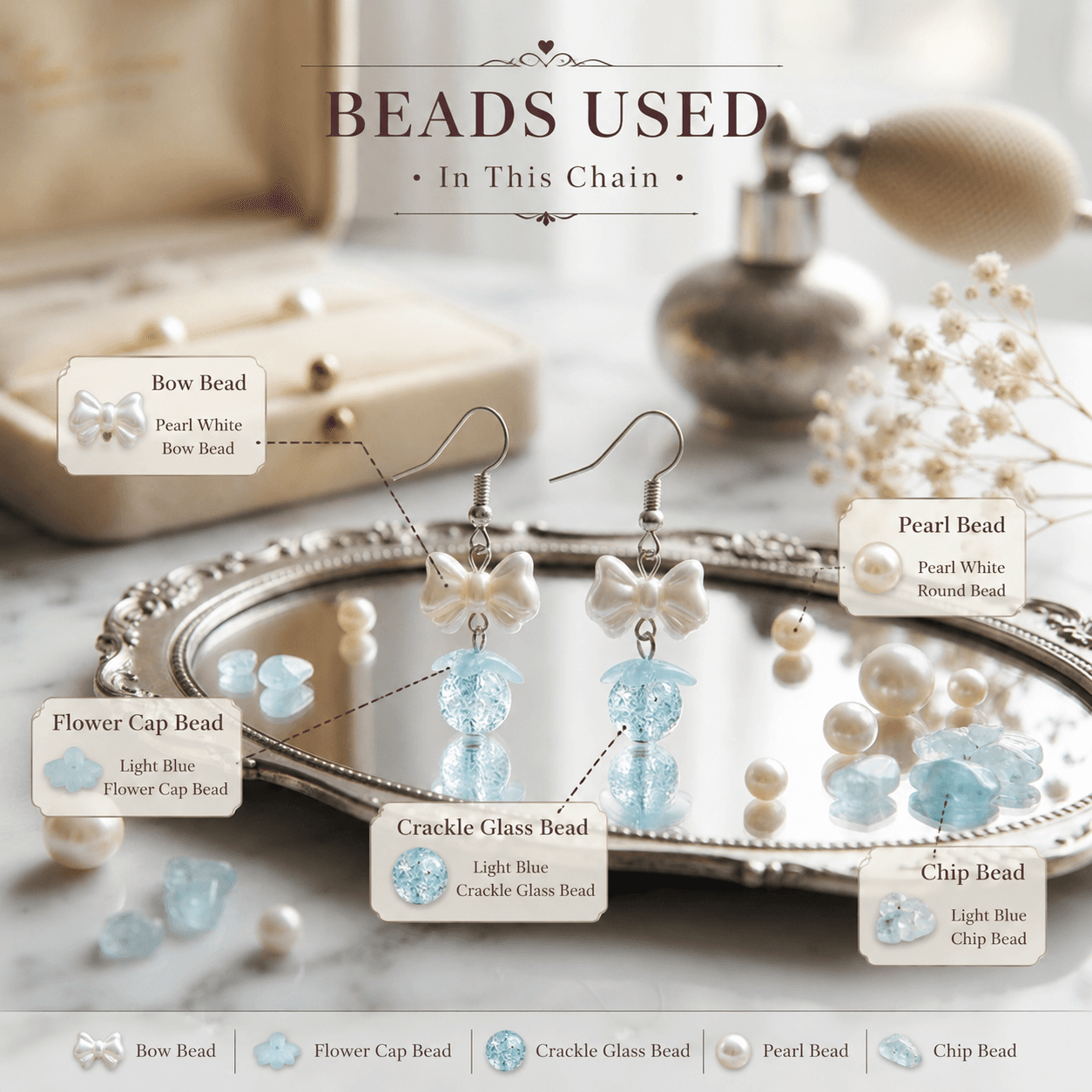 Blue bow dangle earrings showing white bow beads, light-blue flower cap beads, crackle glass beads, white round beads and blue chip beads.