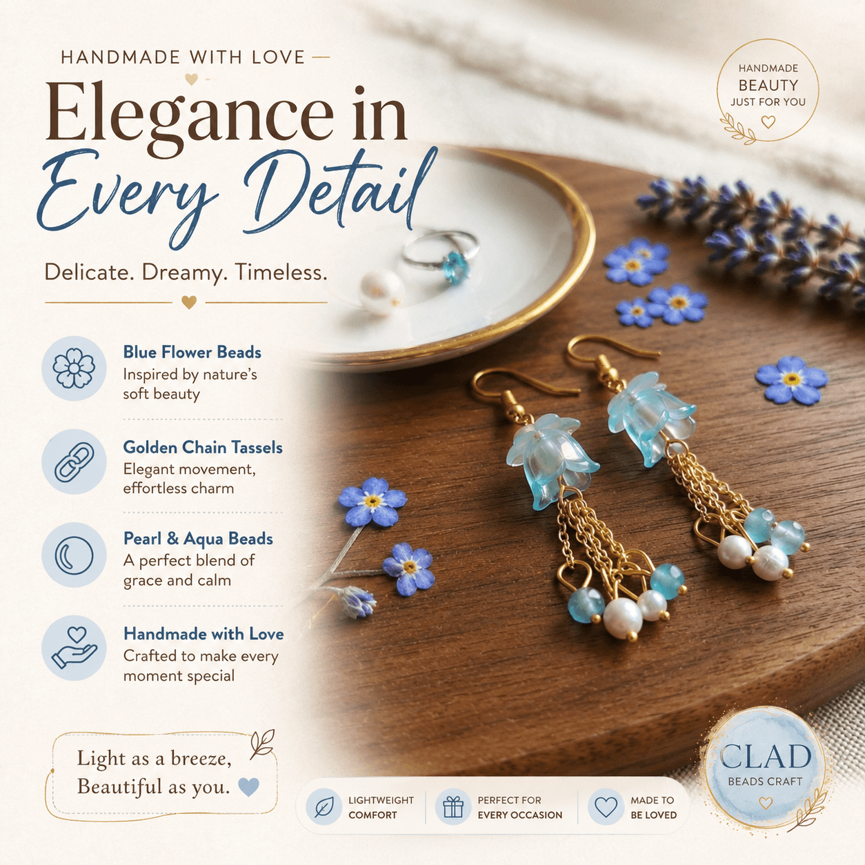 Close product view of aqua floral dangle earrings with translucent blue flower beads, layered gold-tone chains and aqua-white bead clusters.