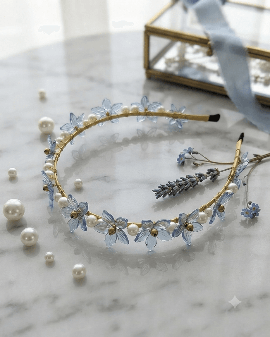 Blue floral beaded headband with white beads and gold-tone details displayed on a white marble-style surface.