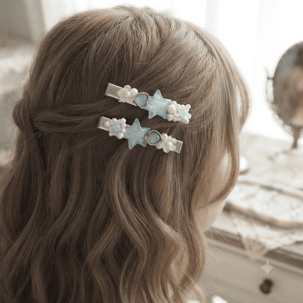 Woman wearing matching pastel blue star hair clips with white beads, heart details and floral accents in her hair.