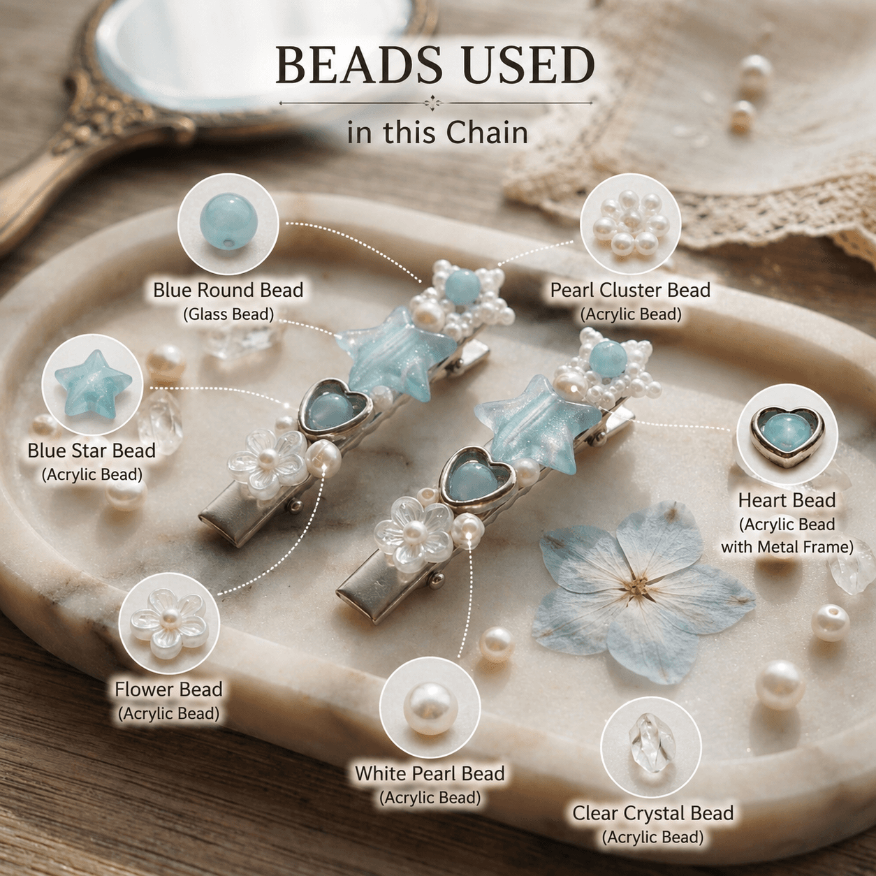 Blue and white beaded hair clips with pastel blue star, heart, flower and clear bead details shown with individual bead information.
