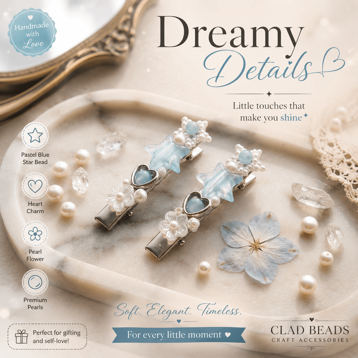 Pair of handmade pastel blue star hair clips with white bead clusters, hearts and flower details displayed on a decorative tray.