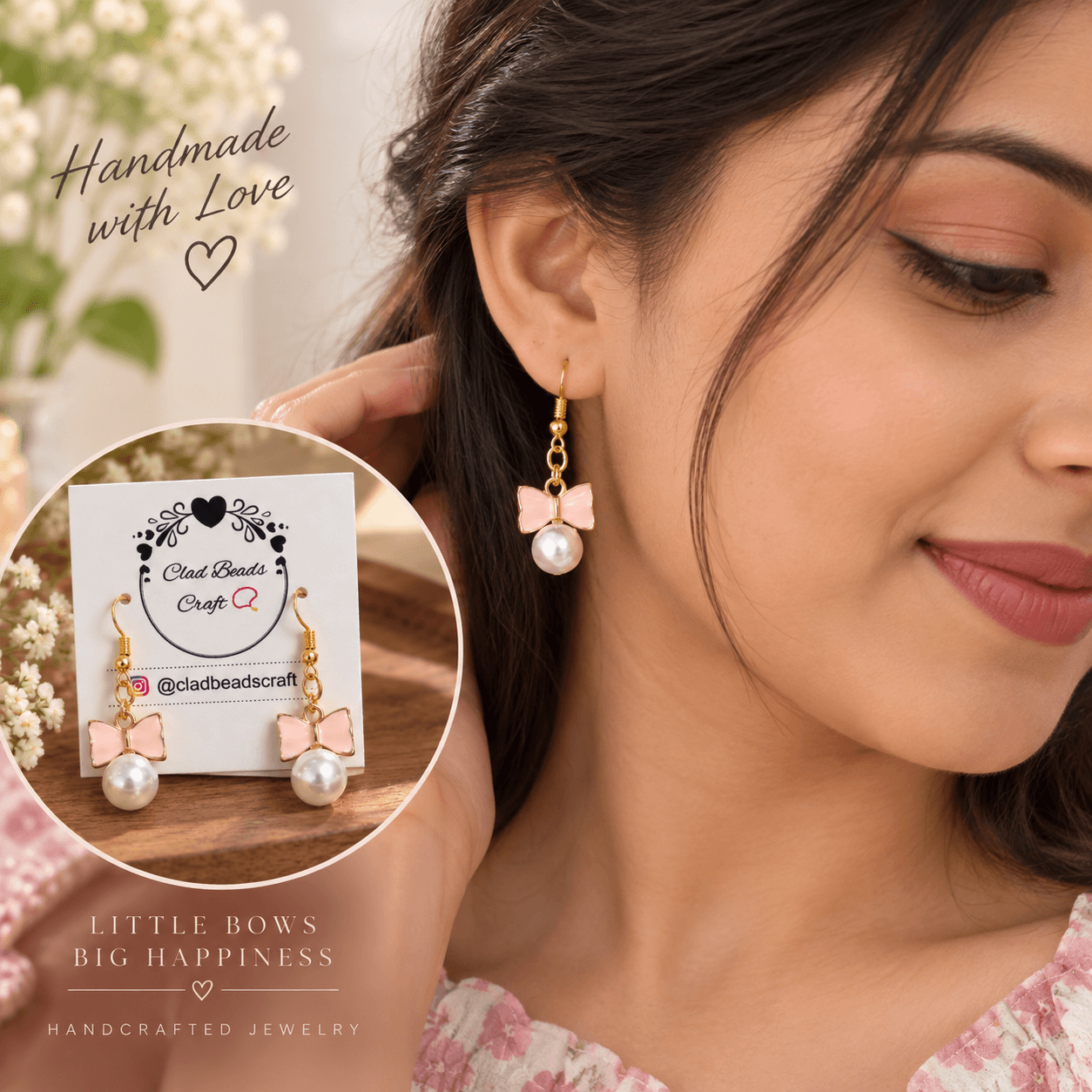 Woman wearing handmade pink bow and white pearl-look drop earrings with a soft feminine outfit.