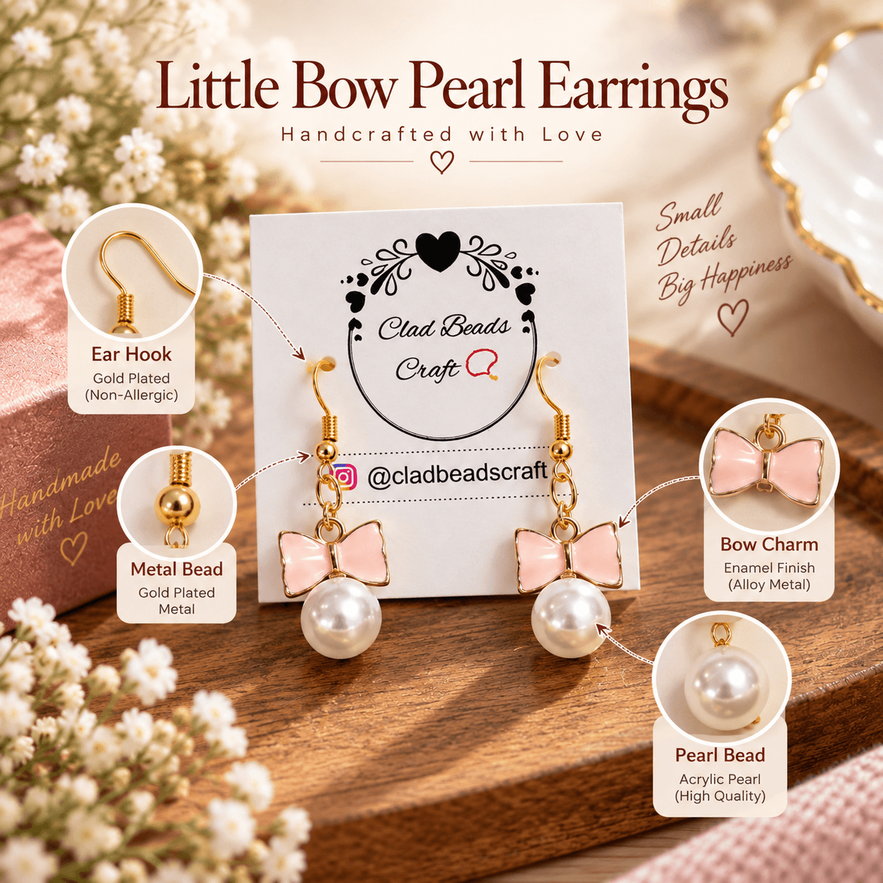 Pink bow pearl earrings showing gold-plated ear hook, gold-plated metal bead, alloy enamel-finish bow charm and white acrylic pearl bead.