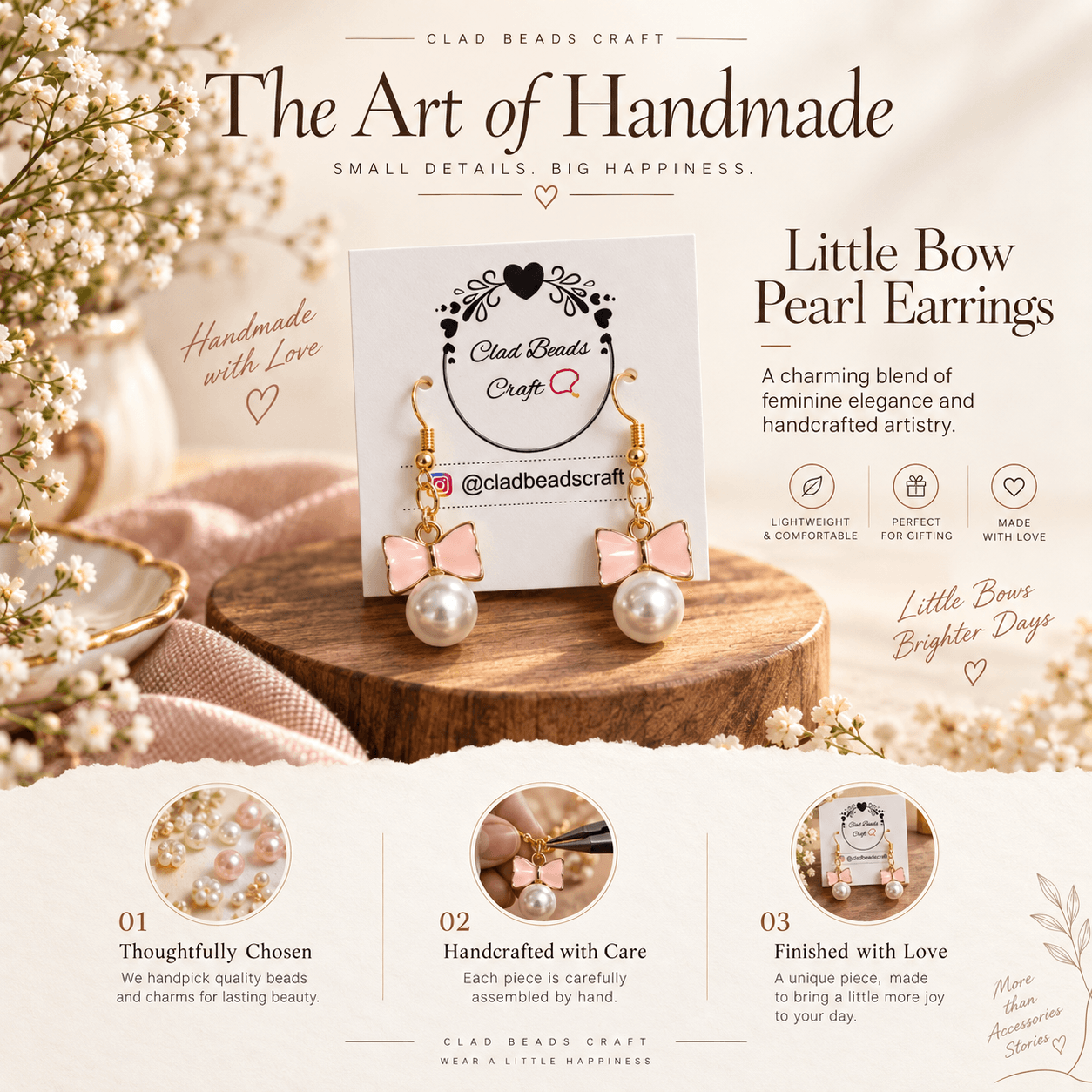 Handmade Little Bow Pearl Earrings displayed with Clad Beads Craft branding and a handcrafted jewellery presentation.
