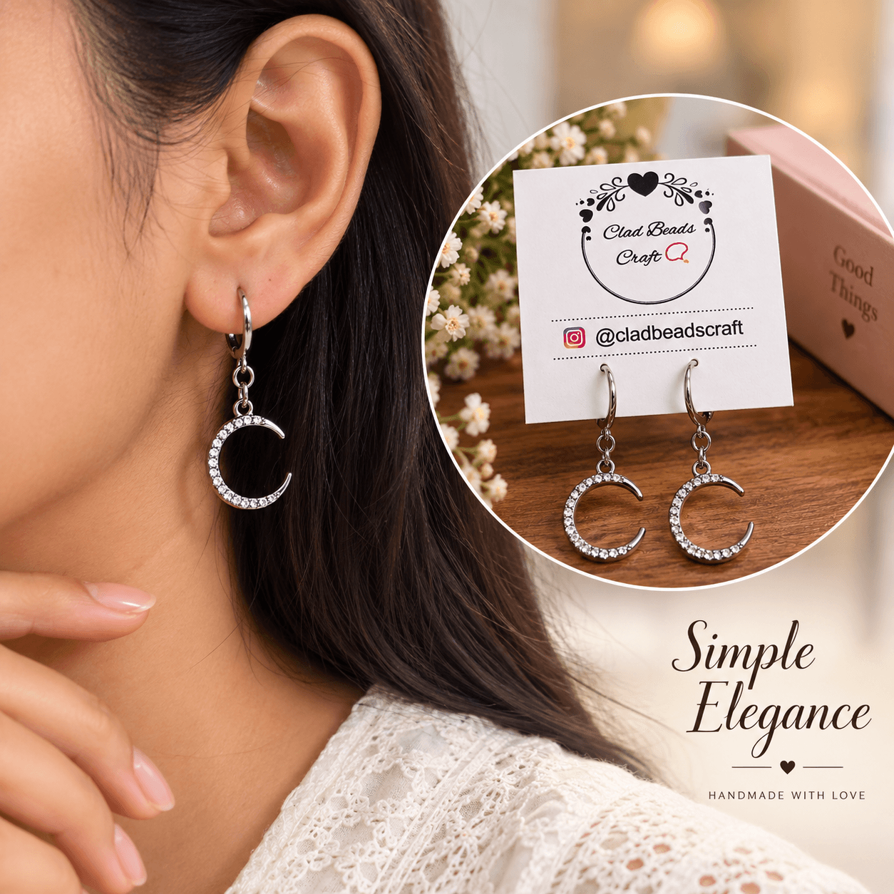 Silver-tone crescent rhinestone hoop earrings worn on the ear