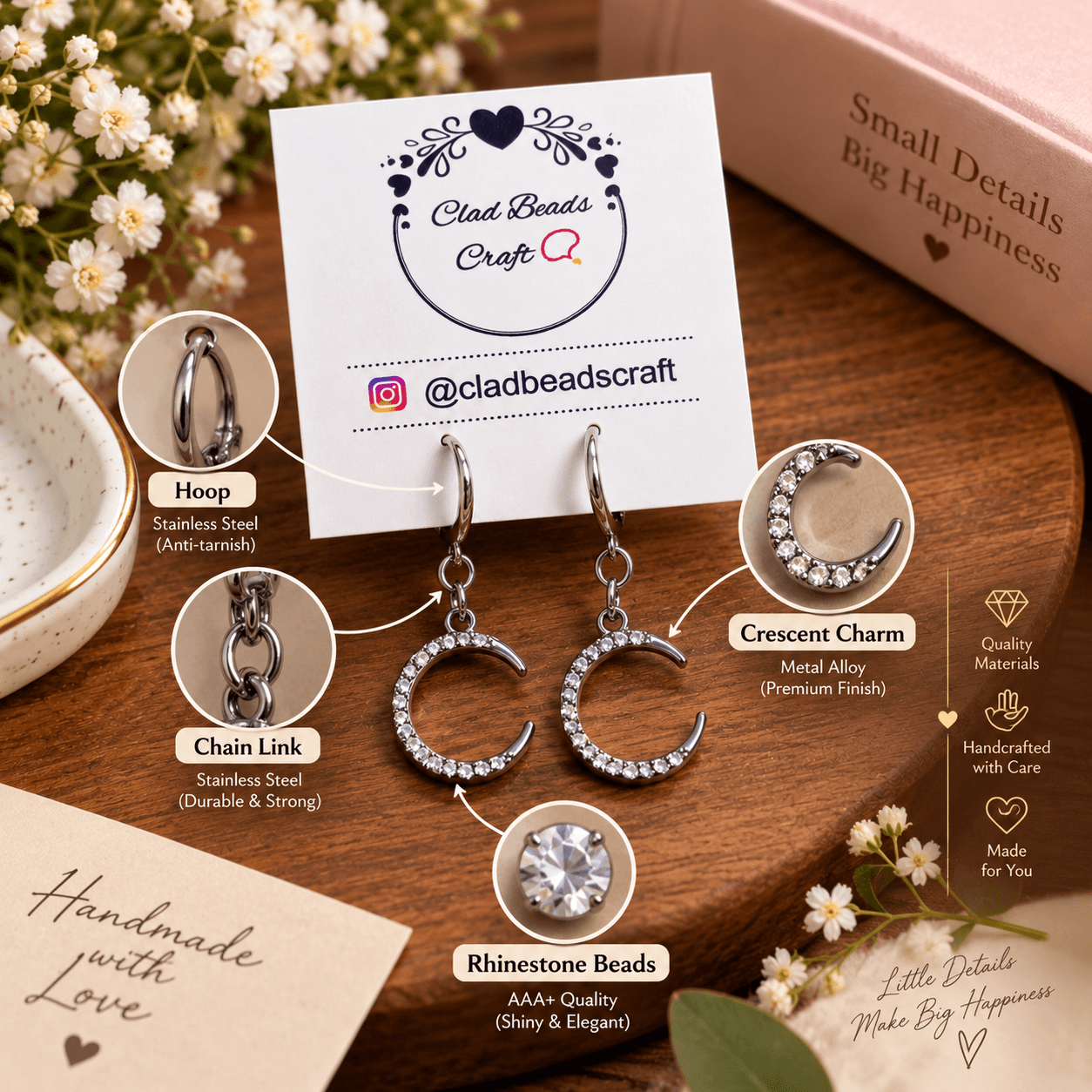 Crescent hoop earrings showing stainless-steel hoop, stainless-steel chain links, metal alloy crescent charm and rhinestone beads