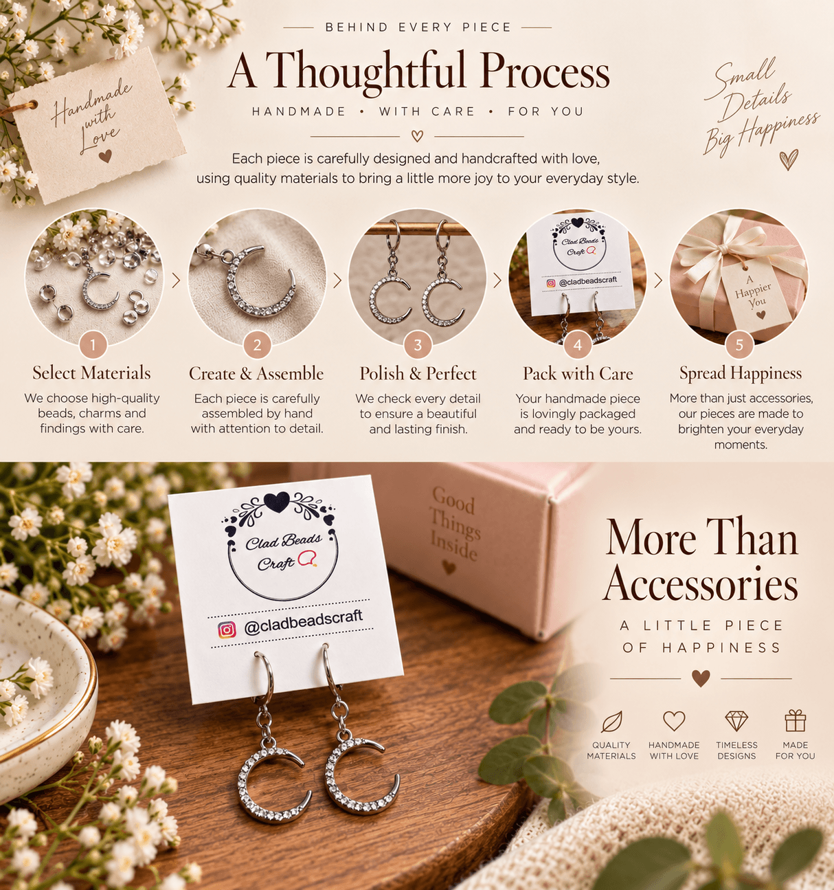 Handmade process showing crescent rhinestone earrings being assembled and packaged