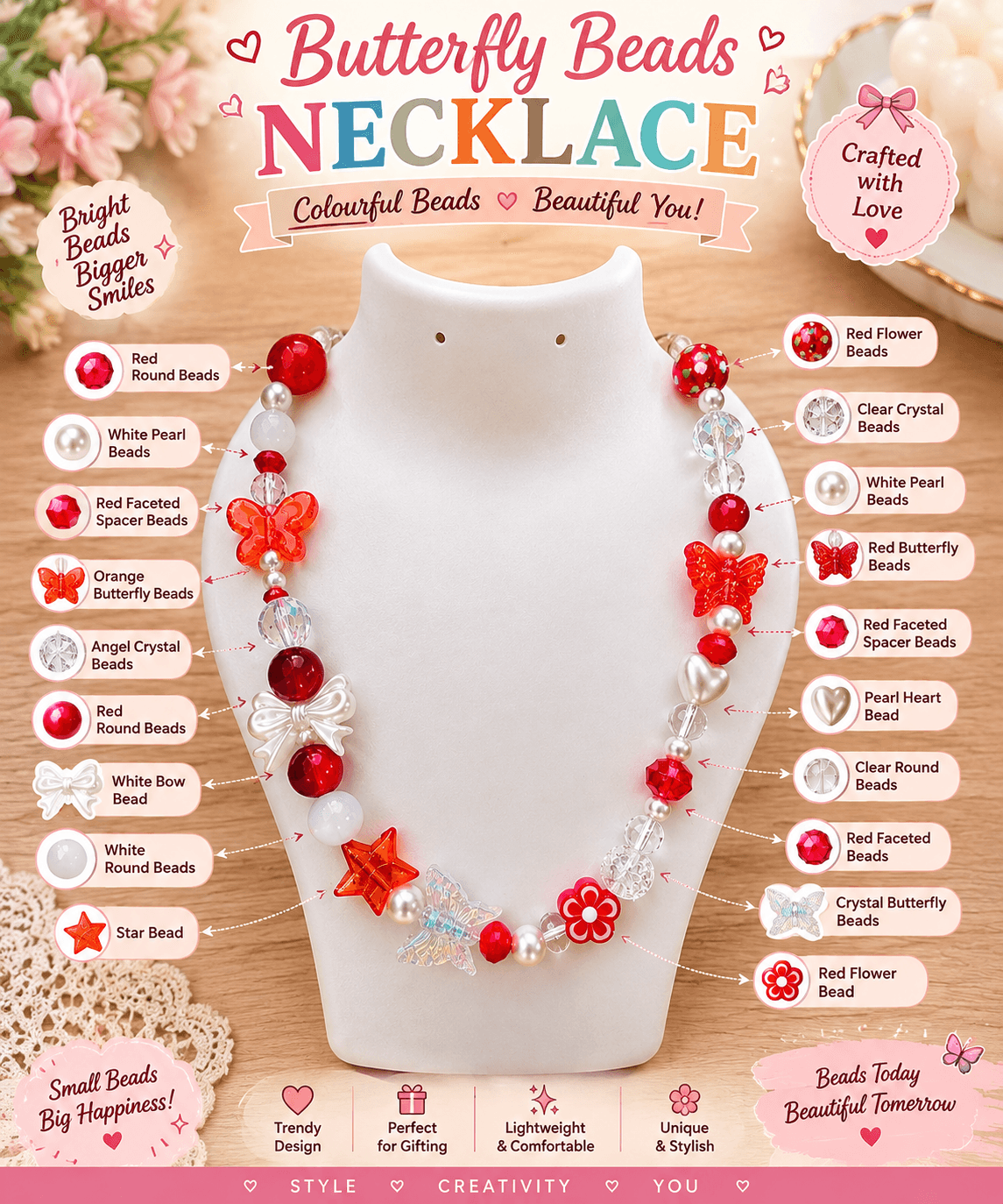 Red butterfly bead necklace showing red, white, clear and orange decorative beads including butterflies, bow, flower and star shapes