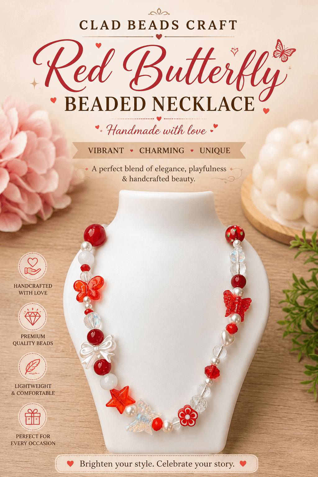 Handmade red butterfly beaded necklace displayed on a white jewellery bust with colourful floral and bow details.