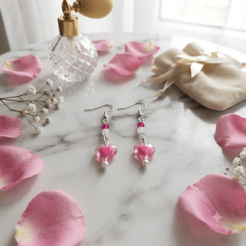 Pair of handmade pink heart dangle earrings with translucent pink heart beads, white bead accents and silver-tone fish-hook earwires.