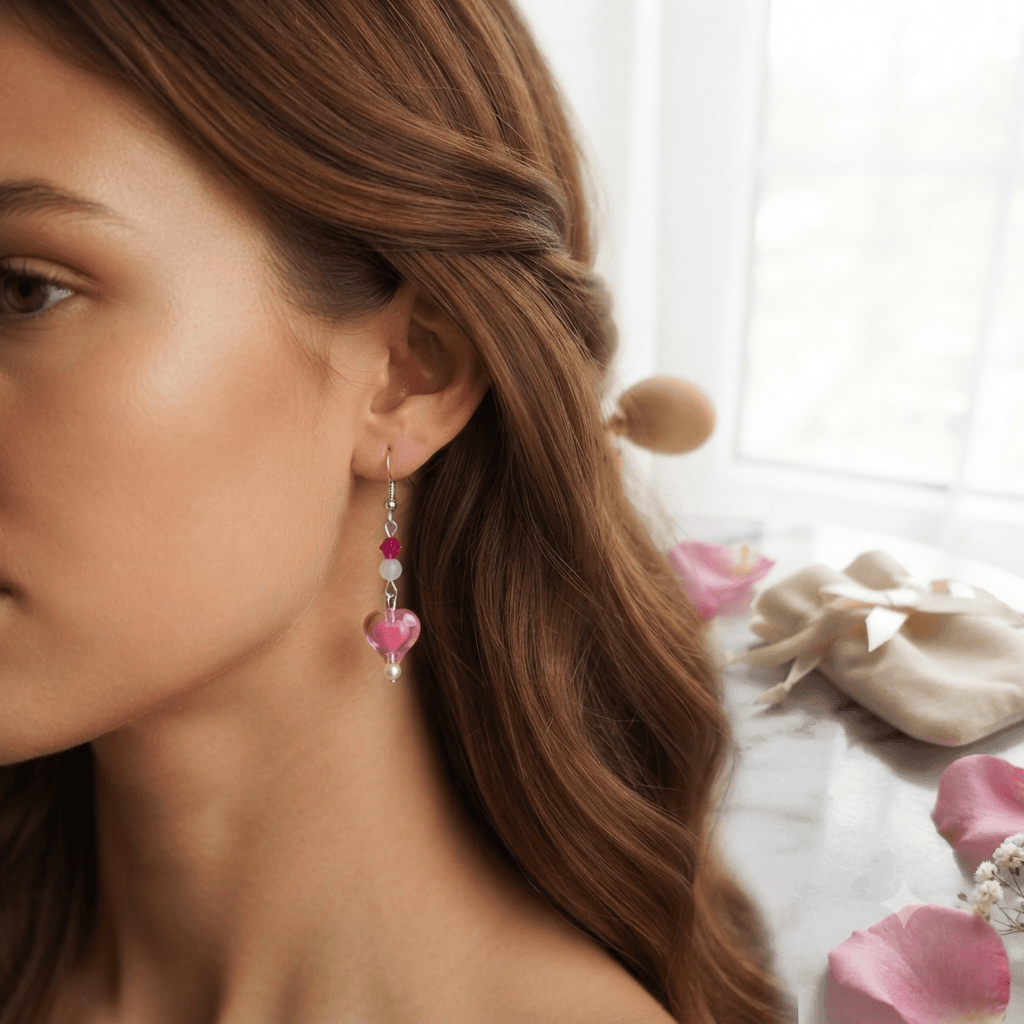 Woman wearing a handmade pink heart dangle earring with a translucent pink heart bead, white accent and fuchsia bead.