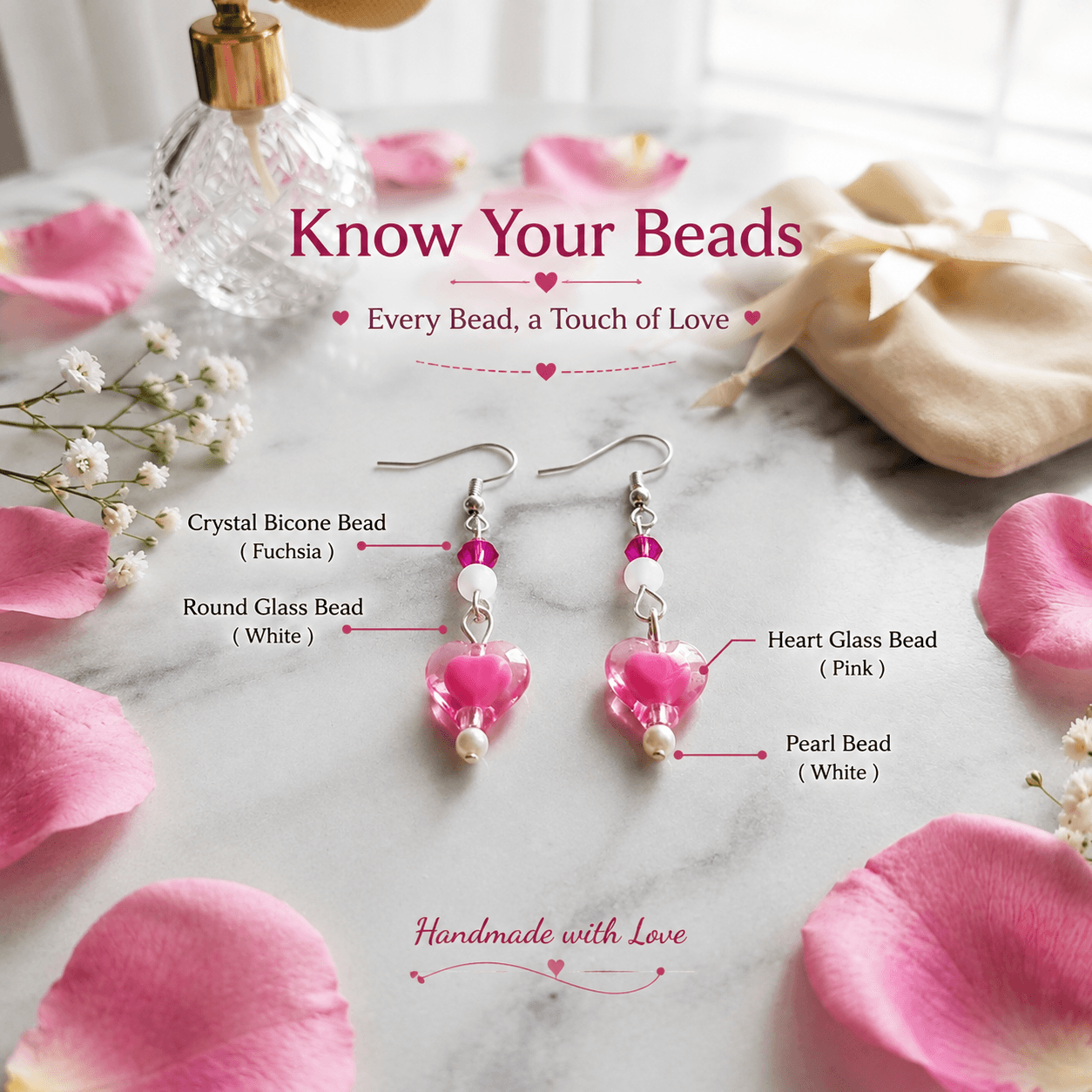 Pink heart glass dangle earrings with white round beads and a faceted fuchsia bead shown with individual component information.