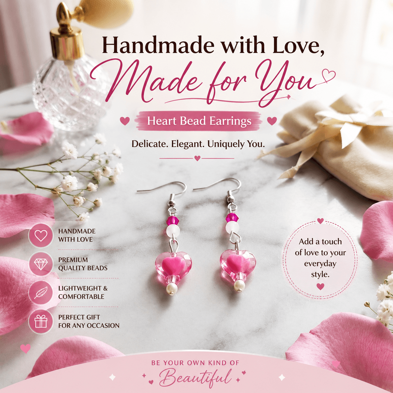 Handmade pink heart bead earrings displayed with romantic styling and product information about handmade quality and gifting.