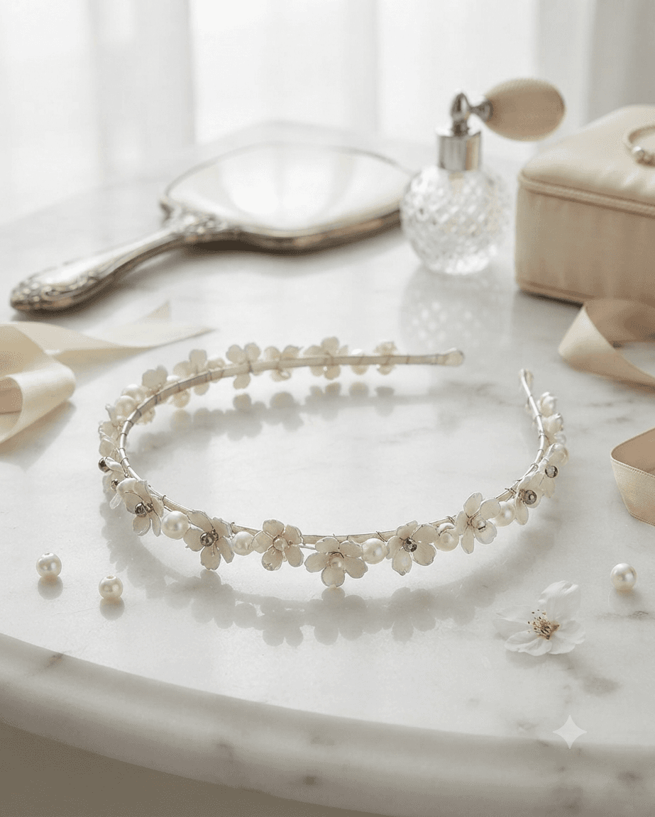 White floral handmade headband with delicate flower and bead detailing displayed on a light marble-style surface.