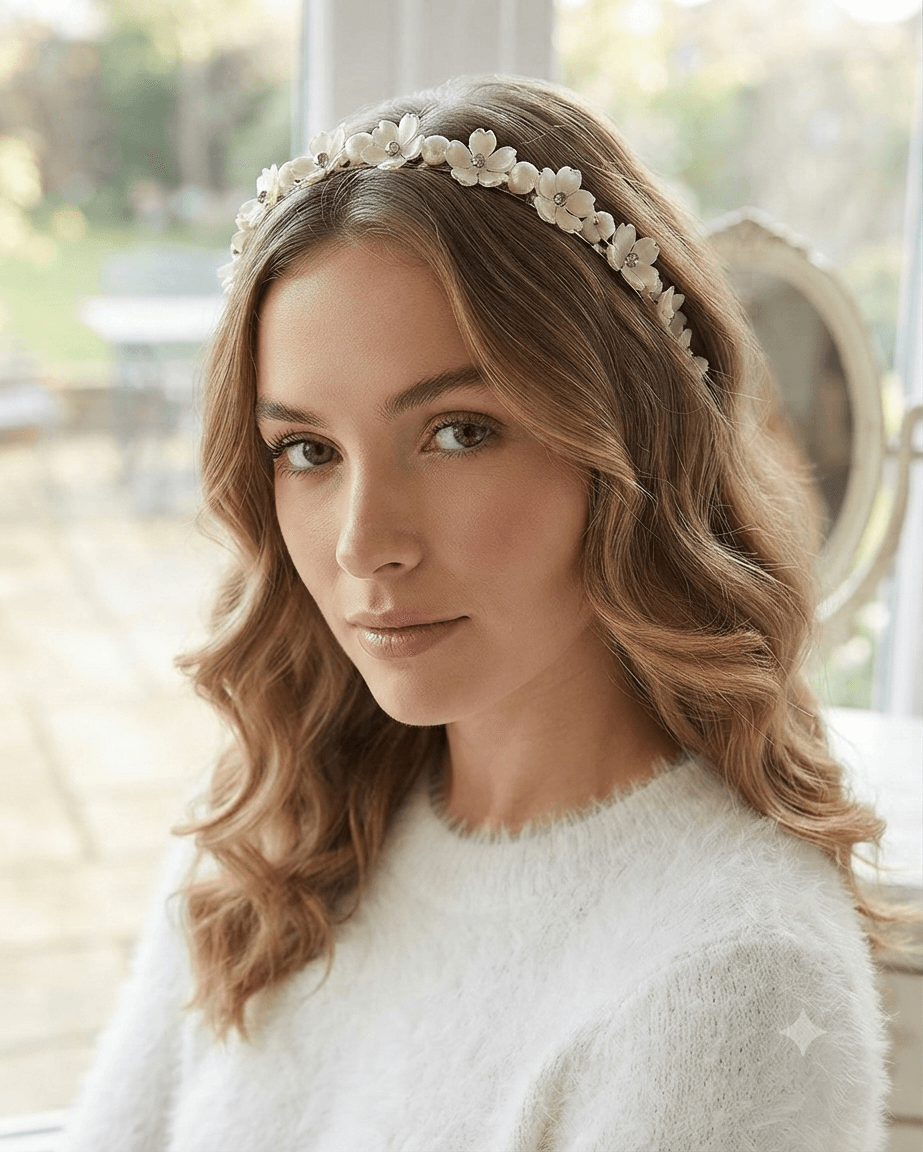 Woman wearing a white floral beaded headband with delicate flower details styled with softly waved hair.