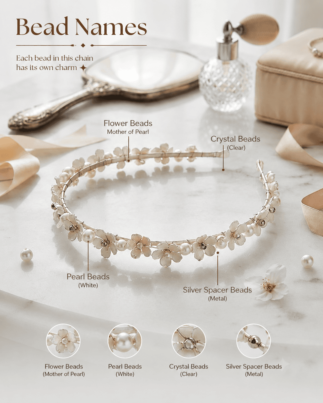White floral headband showing flower-shaped decorative beads, white round beads, clear accents and silver-tone spacer components.