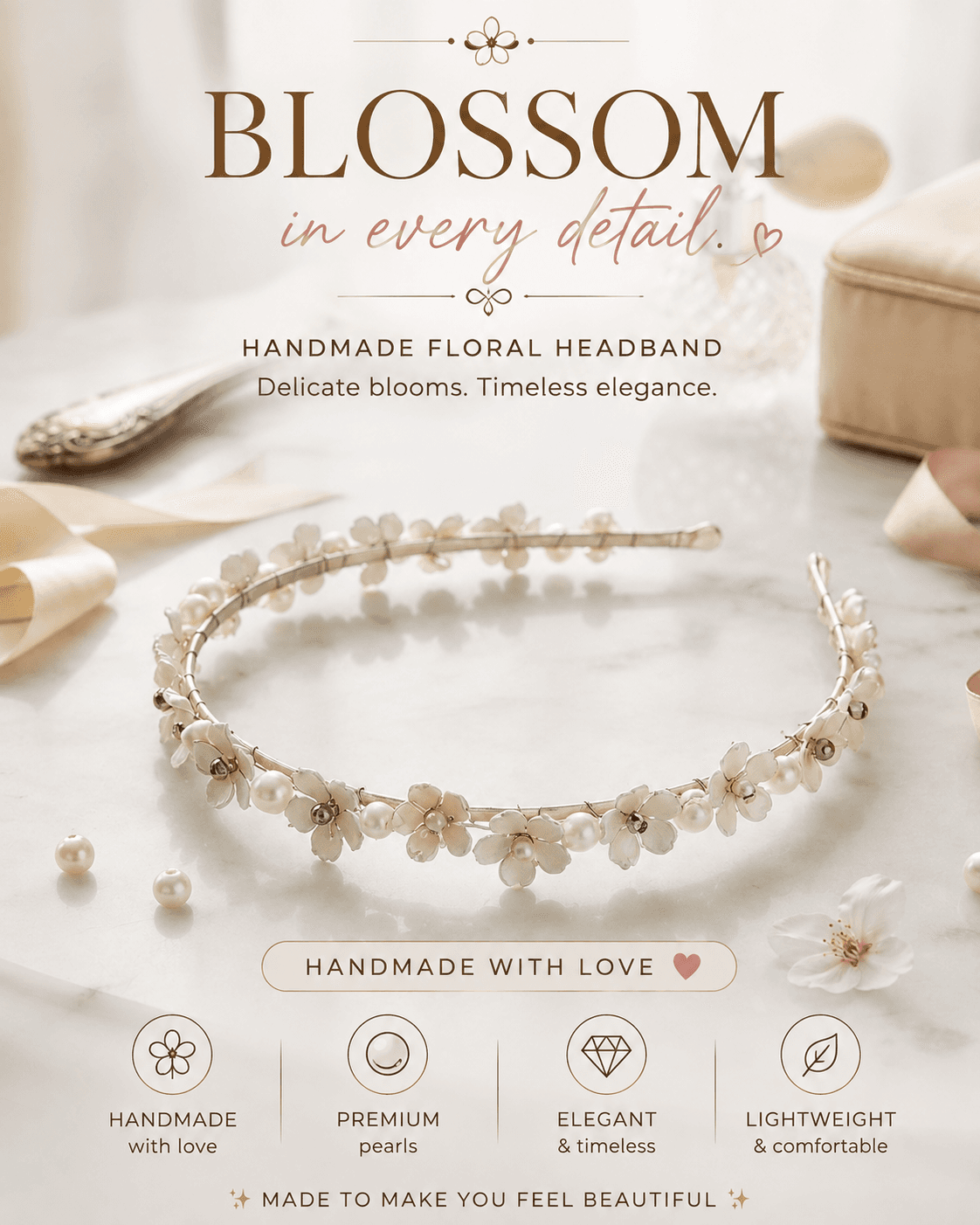 Handmade white floral beaded headband with flower-shaped details, white round beads, clear accents and silver-tone metal elements displayed on an elegant surface.
