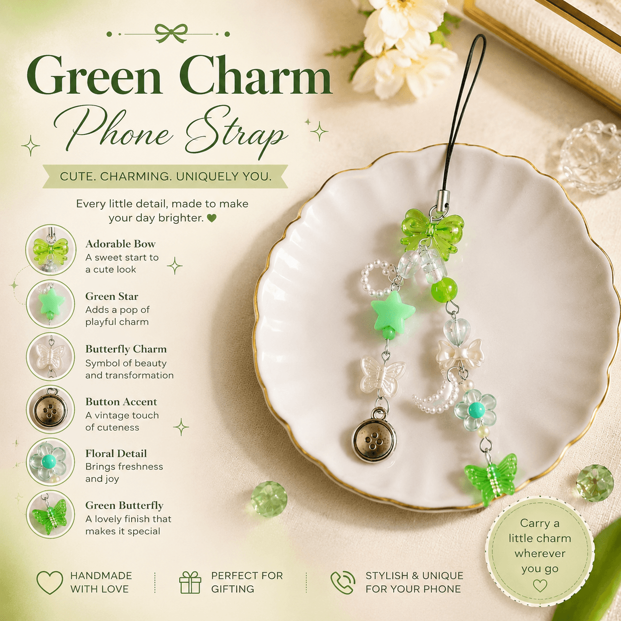 Handmade green phone charm strap displayed with a translucent green bow, green star, clear butterfly, flower, pearl-look details and button charm.