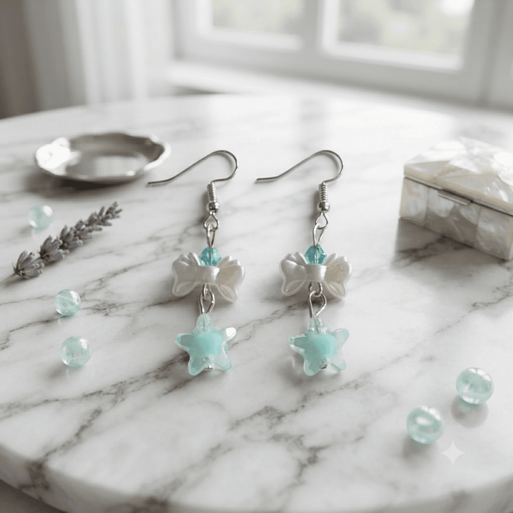 Pair of handmade mint-green star and white bow dangle earrings with aqua bead accents and silver-tone fish-hook earwires.