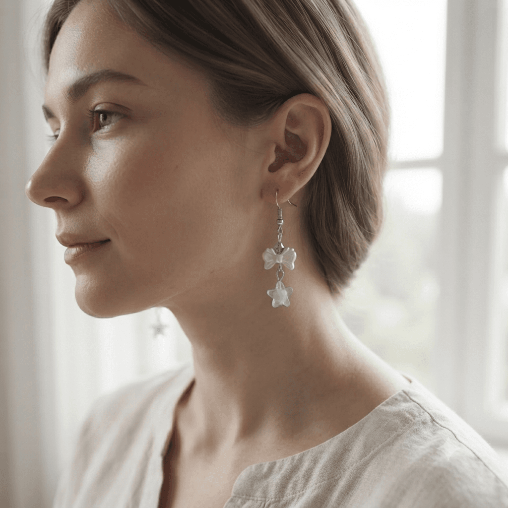 Woman wearing a handmade mint-green star and white bow dangle earring with an aqua bead and silver-tone fish-hook.