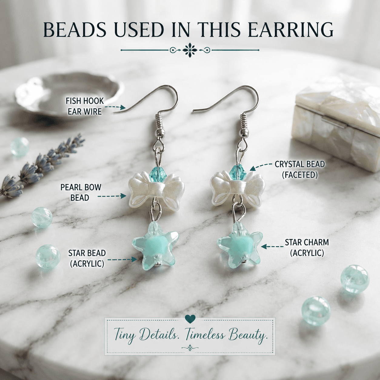 Mint-green and white handmade bow and star dangle earrings with labelled aqua bead, white bow, acrylic star and fish-hook earwire details.