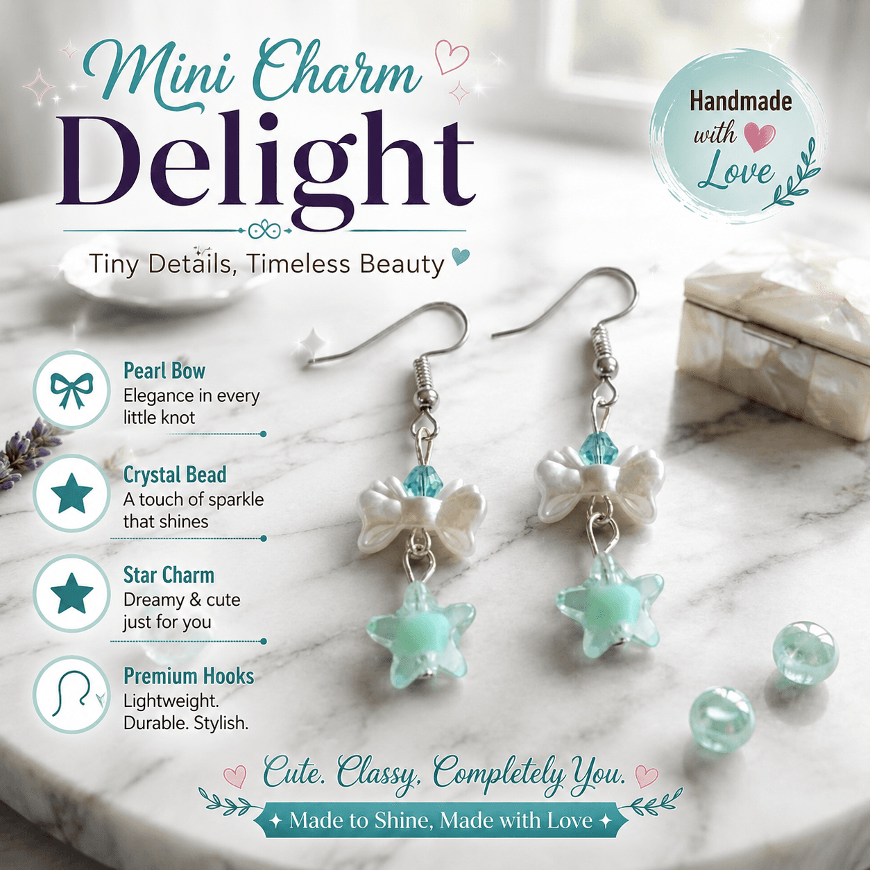 Handmade mint-green star and white bow dangle earrings presented with pastel styling and decorative product messaging.