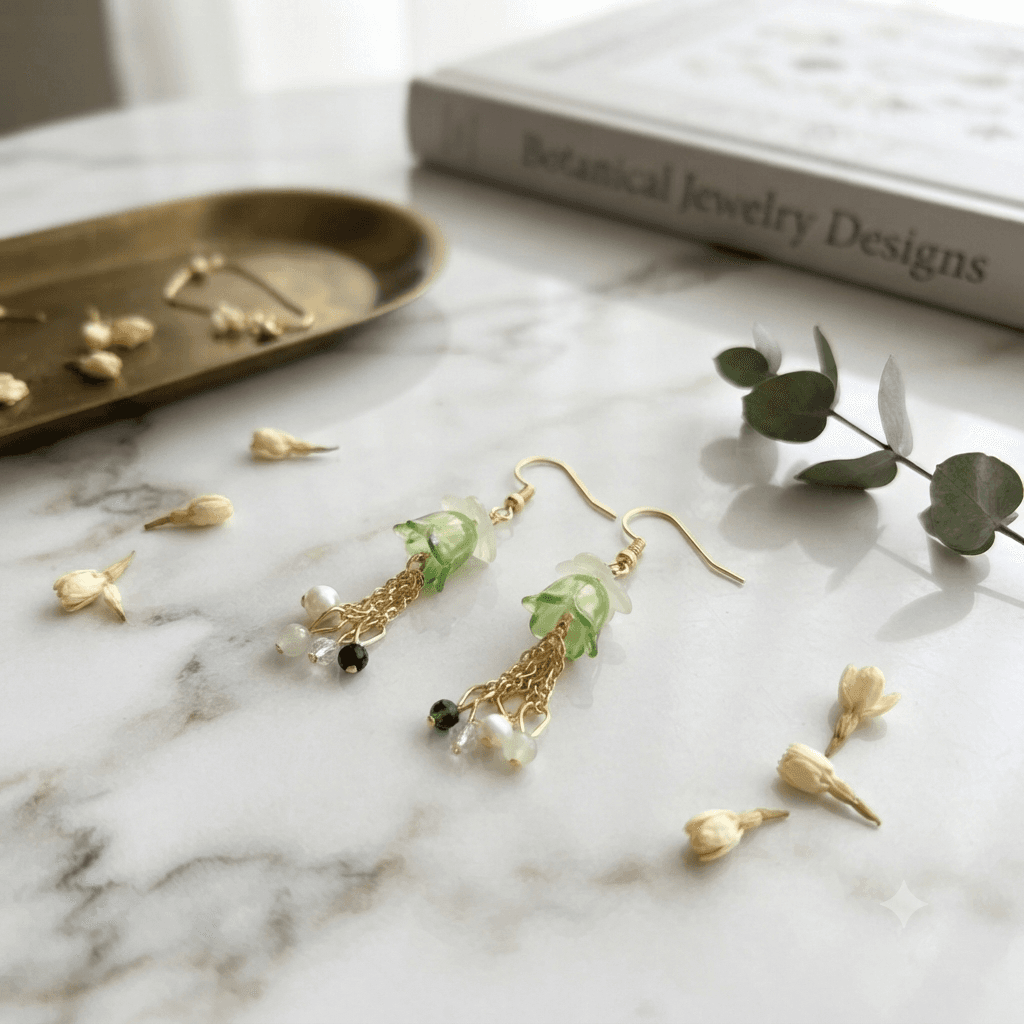 Pair of handmade green floral dangle earrings with translucent flower beads, gold-tone chains and green, white and clear accents.