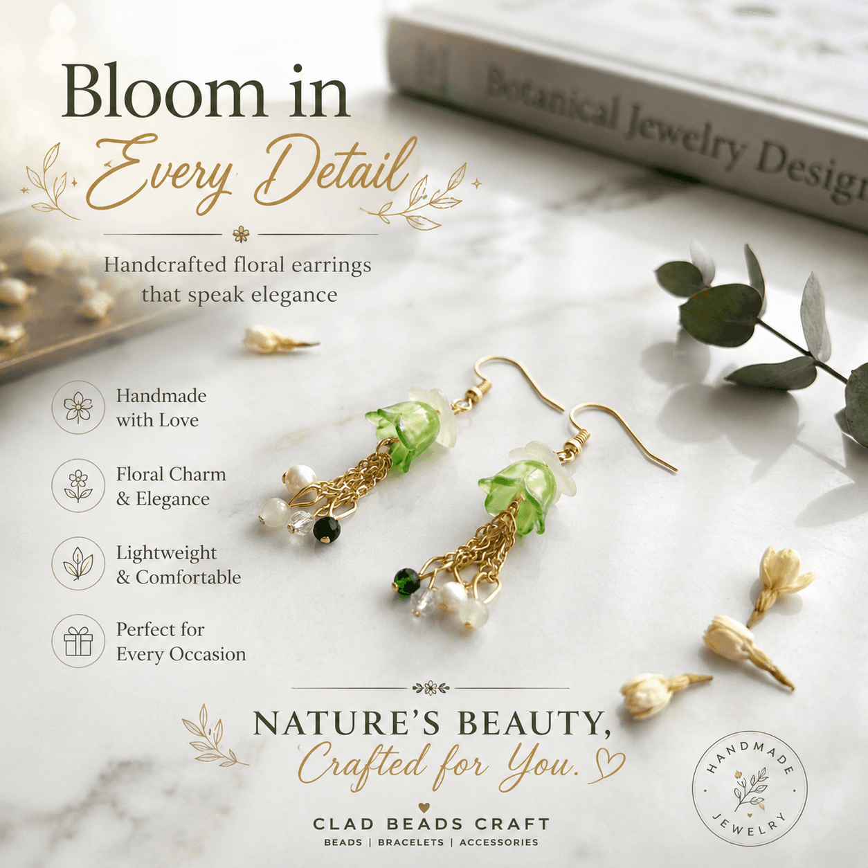 Handmade green floral dangle earrings with gold-tone cascading chains styled with botanical-inspired decorative elements.