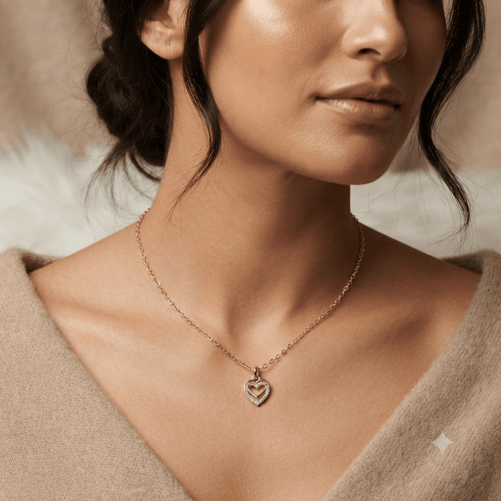 Gold-tone heart pendant necklace worn with a neutral outfit
