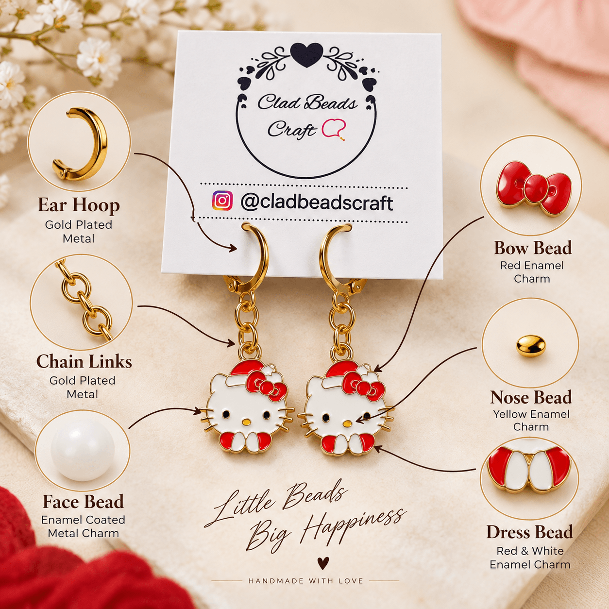 Hello Kitty-inspired charm hoop earrings showing gold-plated hoops, chain links and red-and-white enamel details