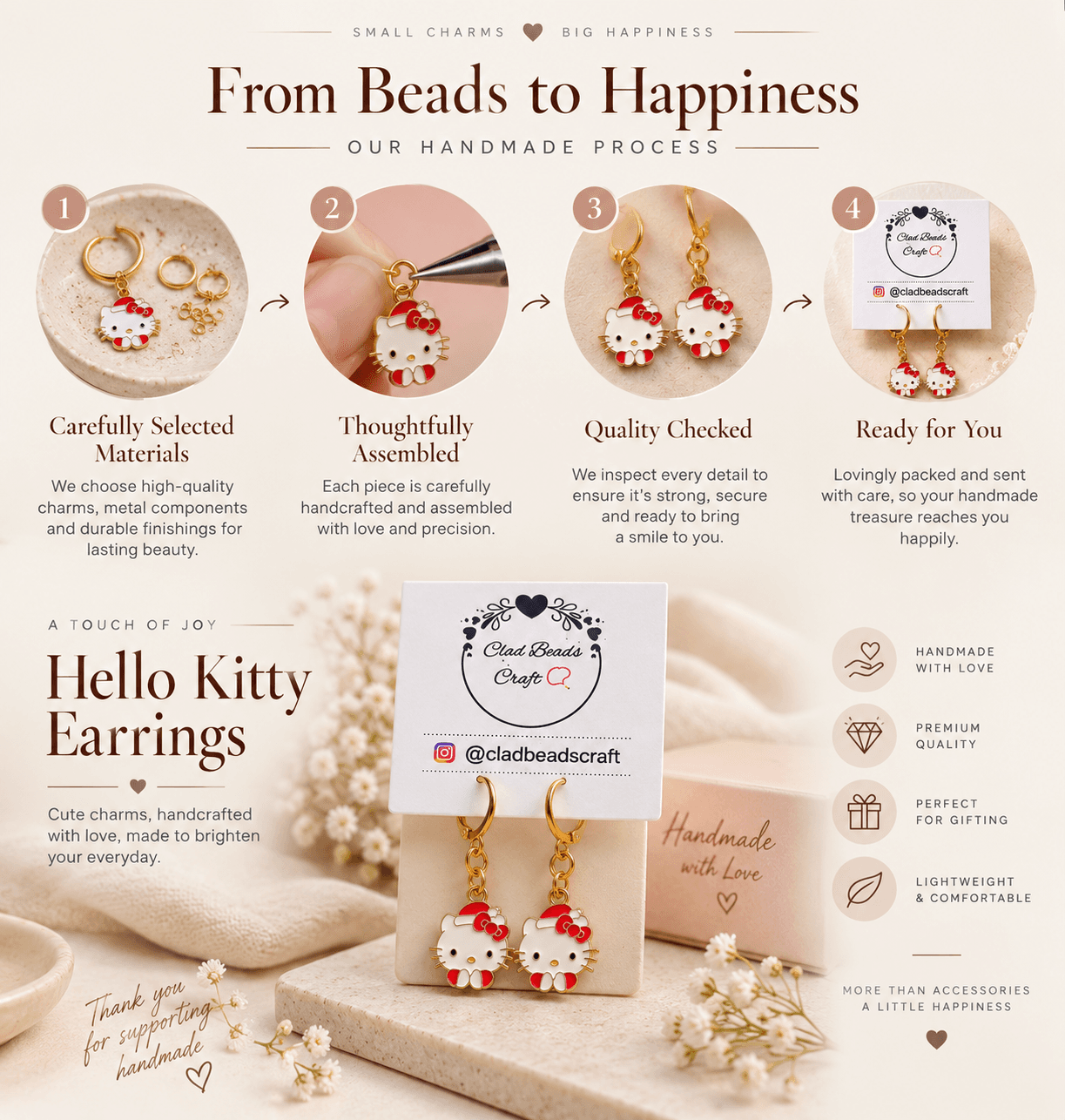 Handmade assembly process for Hello Kitty-inspired character charm hoop earrings