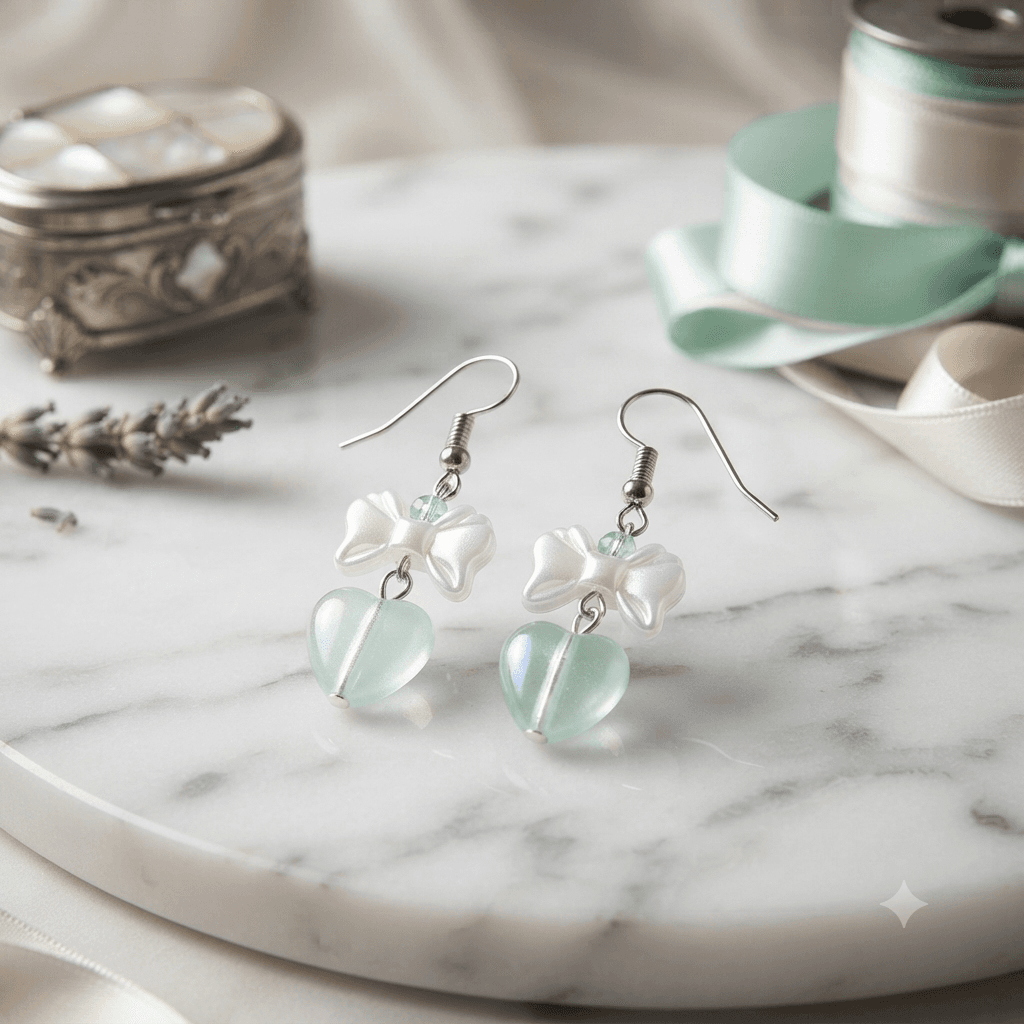 Pair of handmade mint-green heart dangle earrings with white bow details, faceted aqua accents and silver-tone fish-hook earwires.