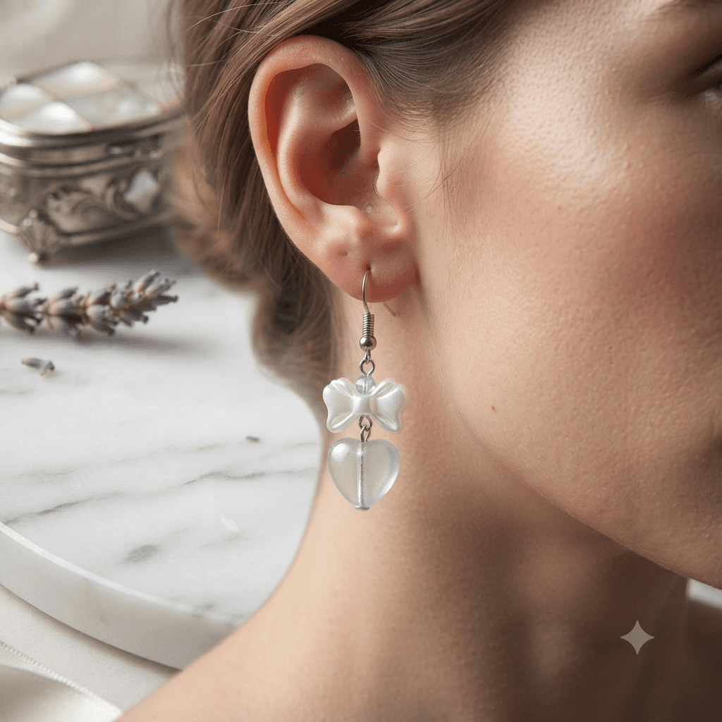 Woman wearing a handmade mint-green heart and white bow dangle earring with a small faceted aqua accent and silver-tone hook.