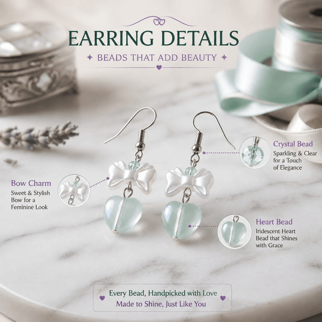 Pair of mint-green heart and white bow dangle earrings with labelled bow, faceted aqua bead and heart bead details.