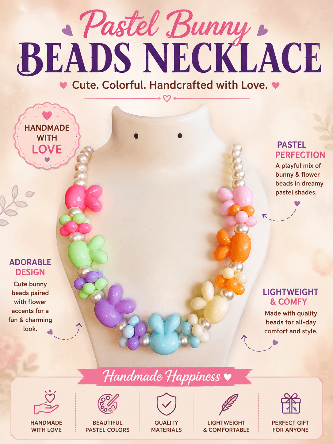 Handmade pastel bunny beaded necklace displayed on a jewellery bust with colourful bunny and flower bead details.