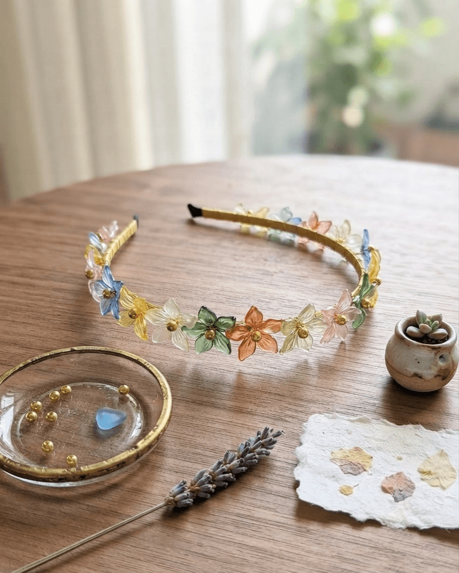 Multicolour handmade floral headband with blue, yellow, green, orange, pink and clear flower beads displayed on a wooden surface.